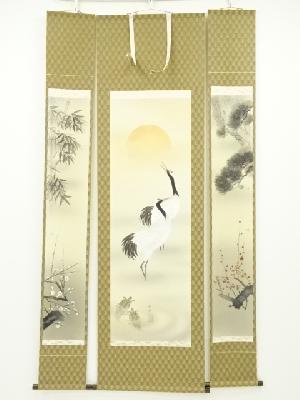 JAPANESE HANGING SCROLL / HAND PAINTED / CRANE & TURTLE SET OF 3 